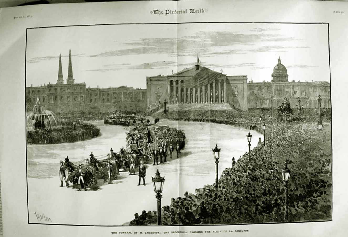 Old Antique Print 1882 Funeral Gambetta Procession Place De La Concorde 19th