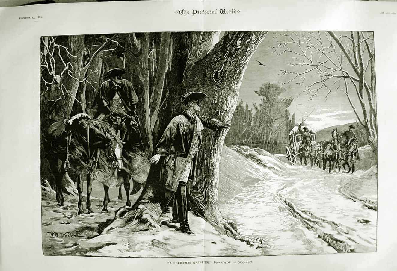 Original Old Antique Print 1882 Christmas Snow Trees Horses Carriage Winter