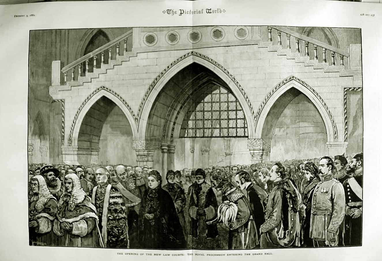 Original Old Antique Print 1882 Opening Law Courts Royal Procession Grand Hall