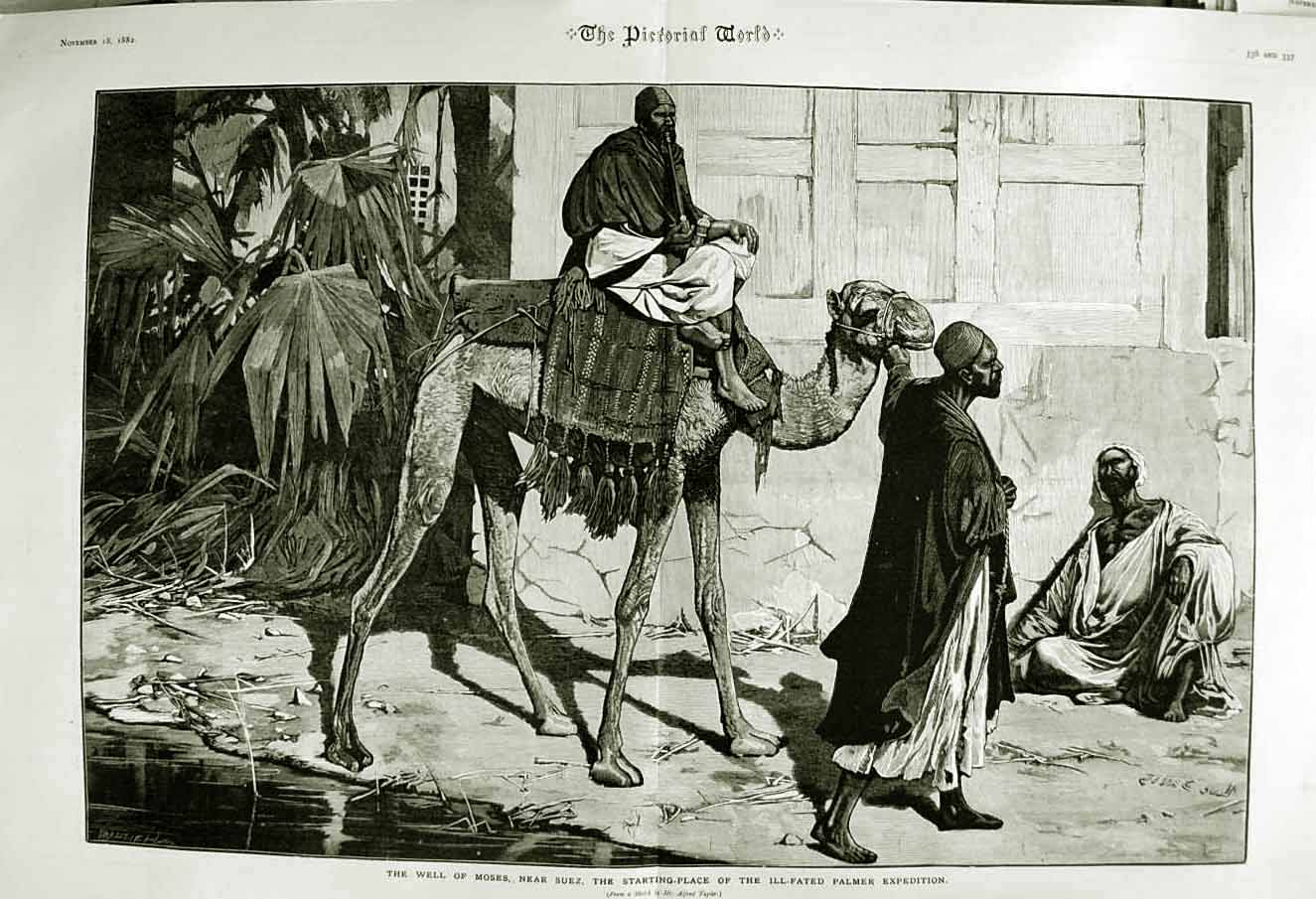 Old Antique Print 1882 Well Moses Suez Palmer Expedition Camel Natives 19th