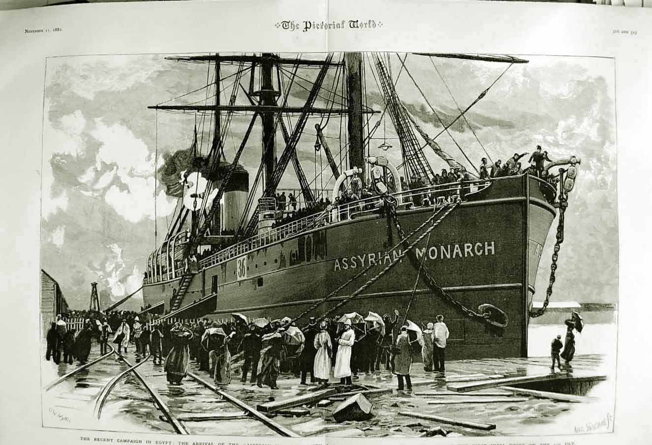 Old Antique Print 1882 War Egypt Ship Assyrian Monarch West India Docks 19th