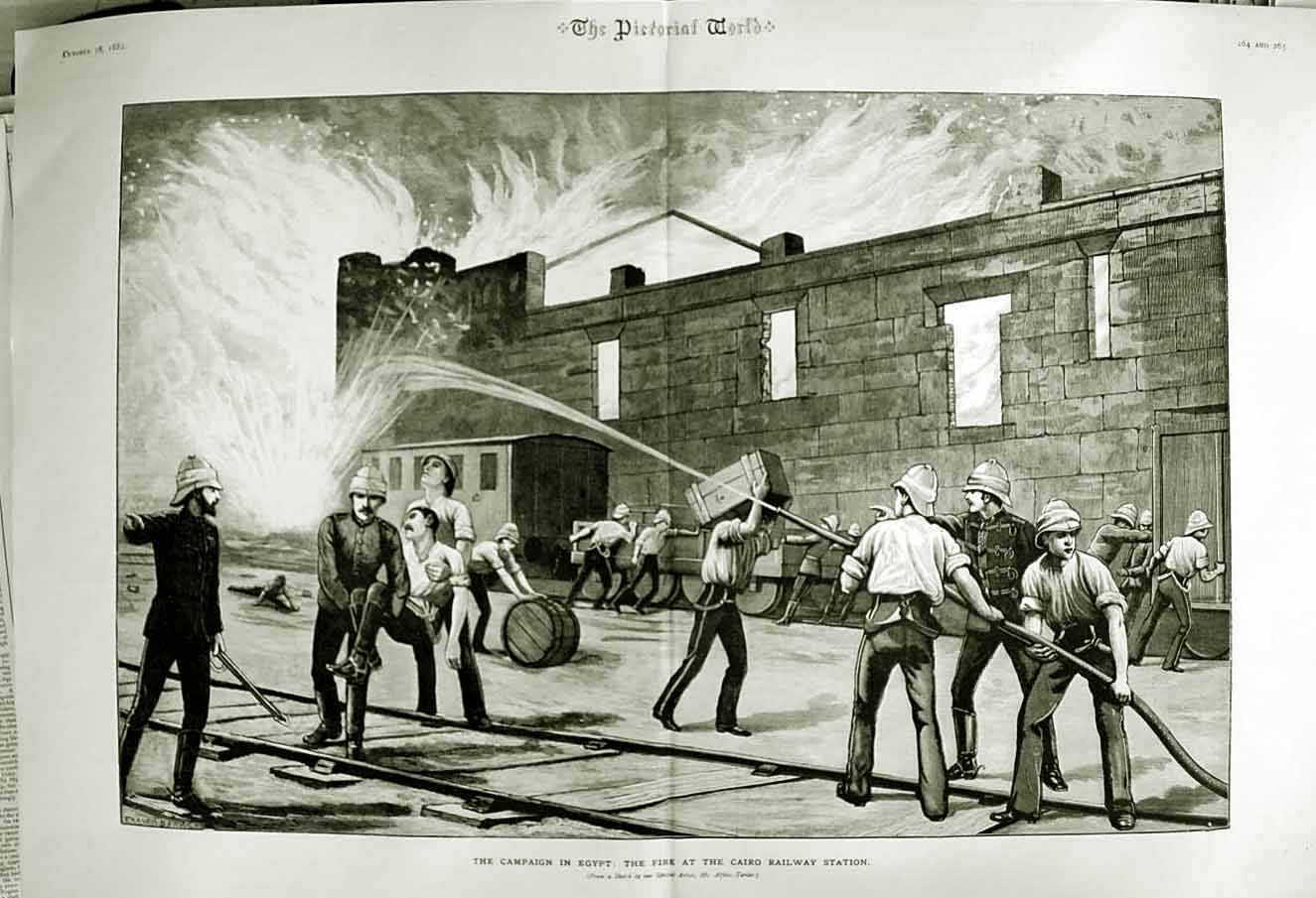 Original Old Antique Print 1882 War Egypt Fire Cairo Railway Station Fire-Men