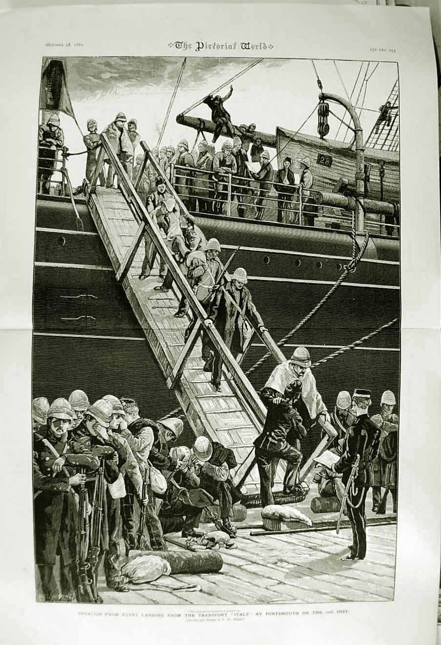 Original Old Antique Print 1882 Injured Siers Egypt Transport Ship Italy War