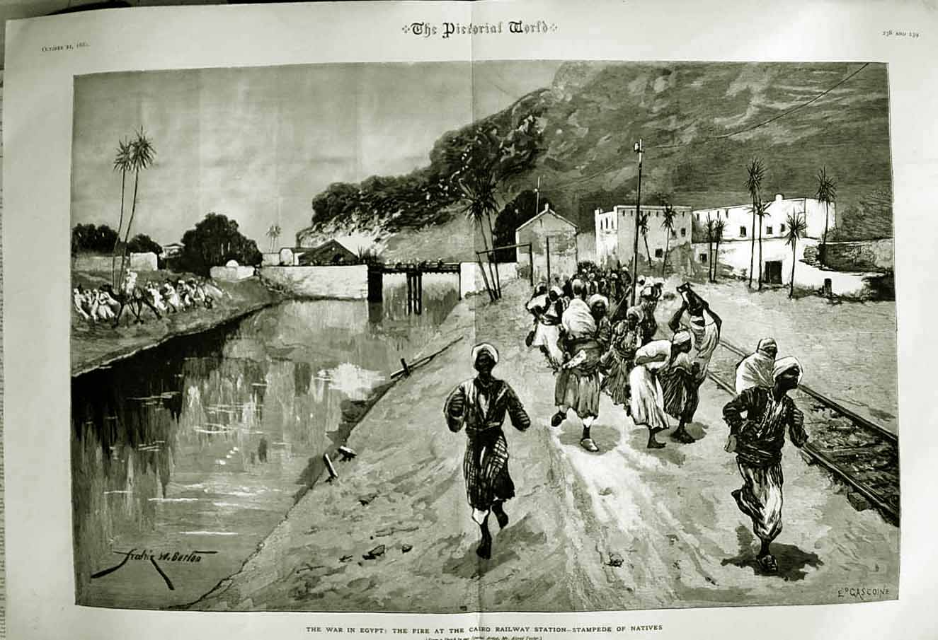 Original Old Antique Print 1882 War Egypt Fire Cairo Railway Station Natives
