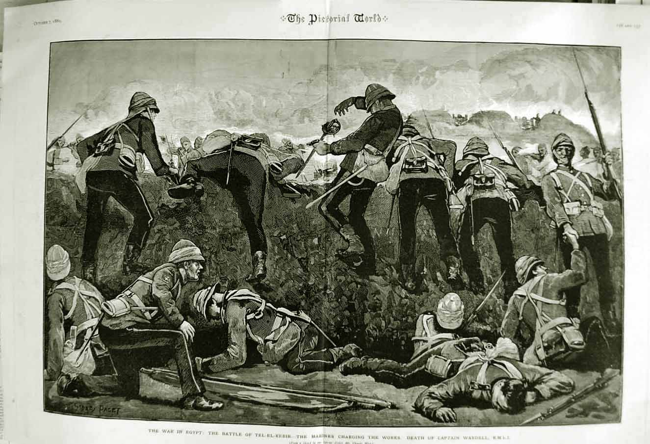 Original Old Antique Print 1882 War Egypt Tel-El-Kebir Marines Siers Wardell