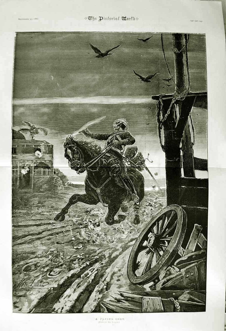 Original Old Antique Print 1882 War Siers Horse Shooting Gun Birds Art Ludlow