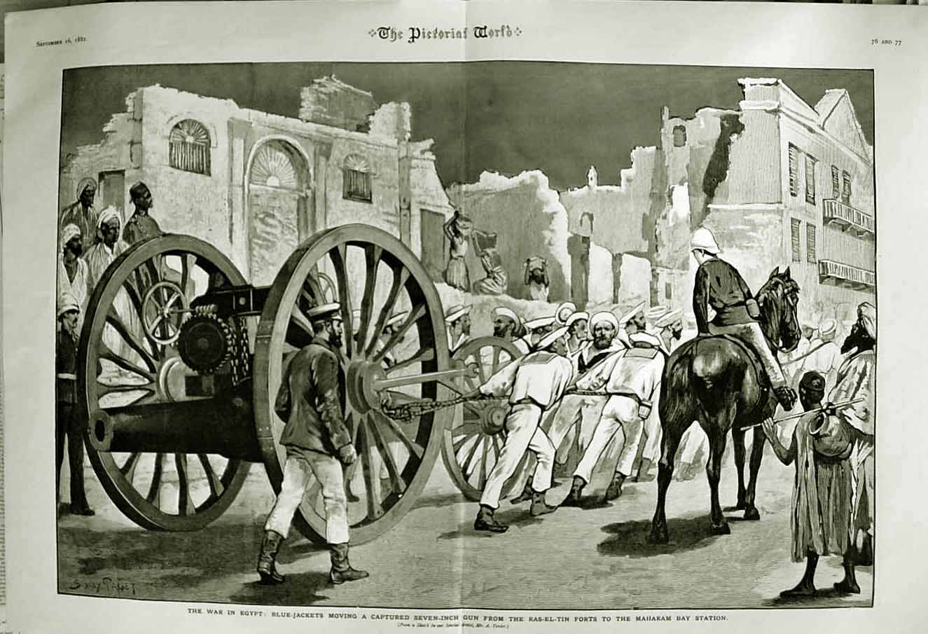 Original Old Antique Print 1882 War Egypt Blue-Jackets Siers Ras-El-Tin Fort