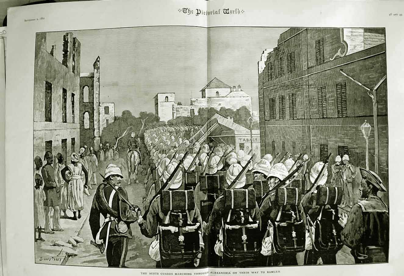 Original Old Antique Print 1882 Scots Guards Alexandria Ramleh Siers Weapons