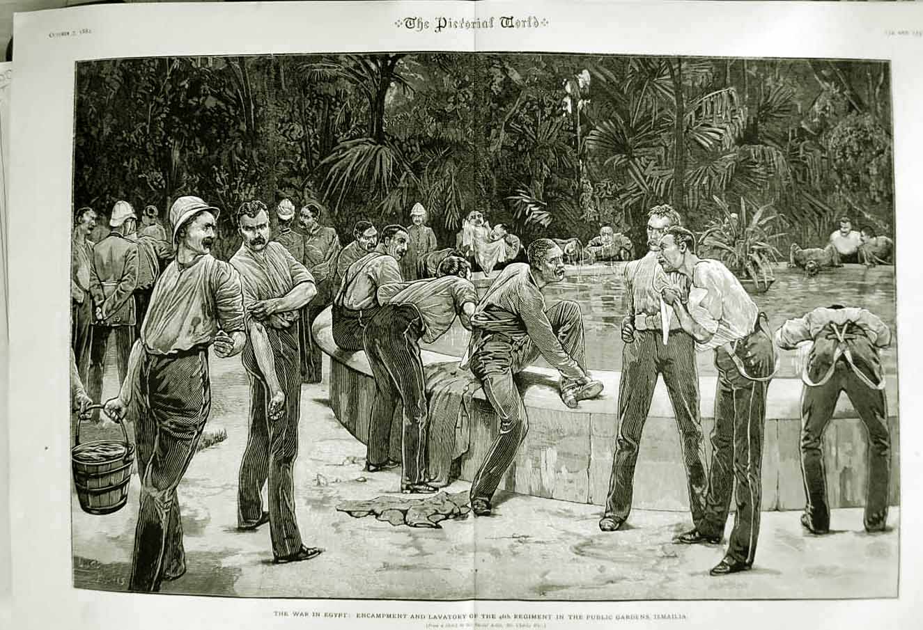 Original Old Antique Print 1882 War Egypt Siers Public Gardens Ismailia Camp
