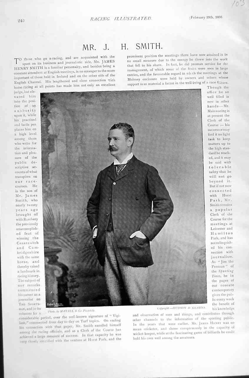 Old Antique Print Portrait Mr James Henry Smith 1895 Horse Racing Sport 19th