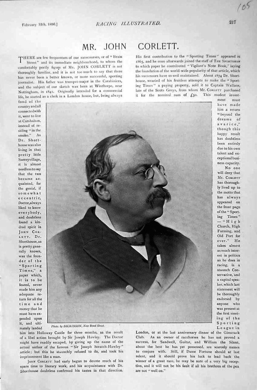Original Old Antique Print 1895 Horse Racing Sport Portrait John Corlett 19th