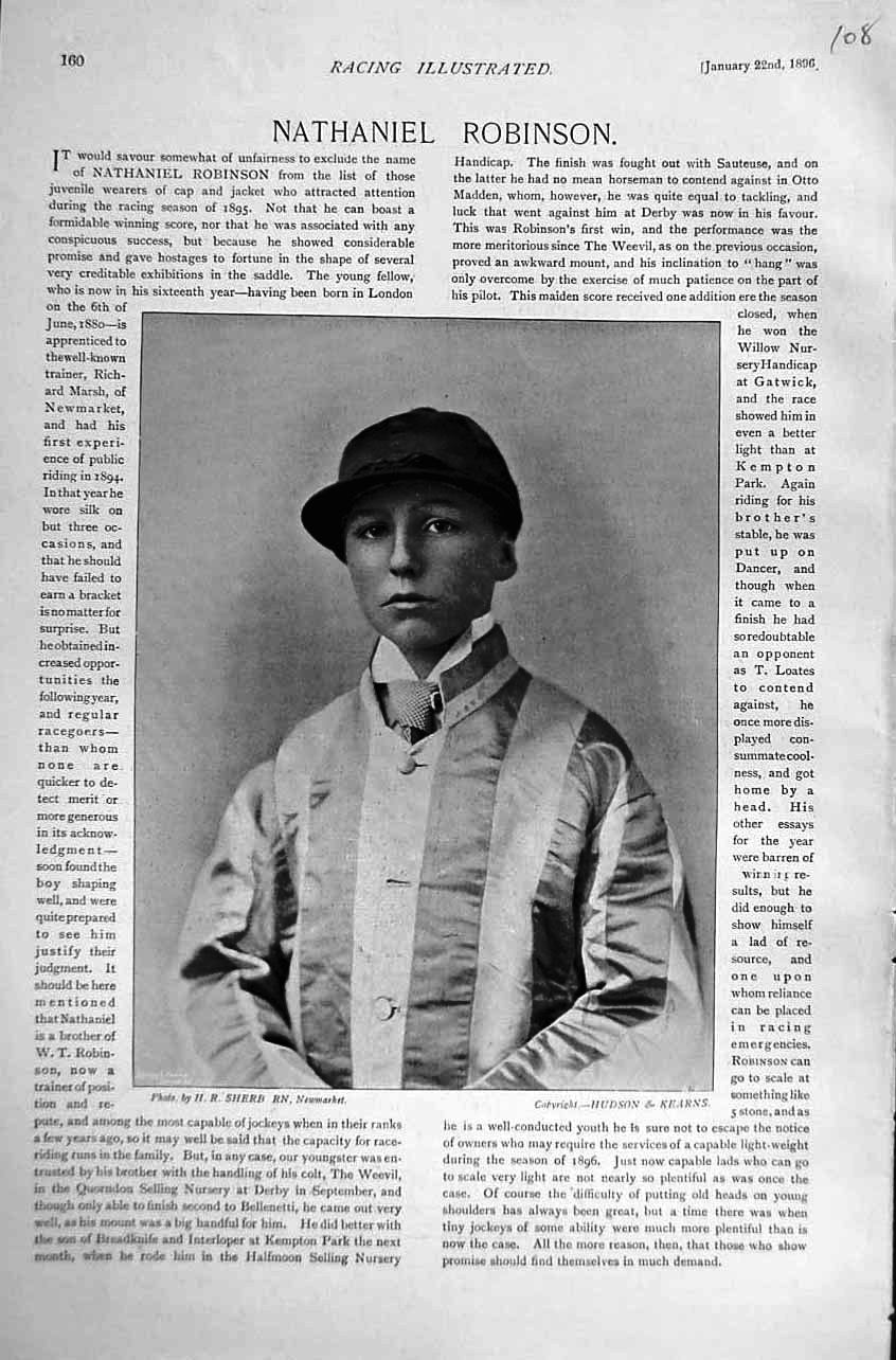 Original Old Antique Print 1895 Horse Racing Sport Portrait Nathaniel Robinson