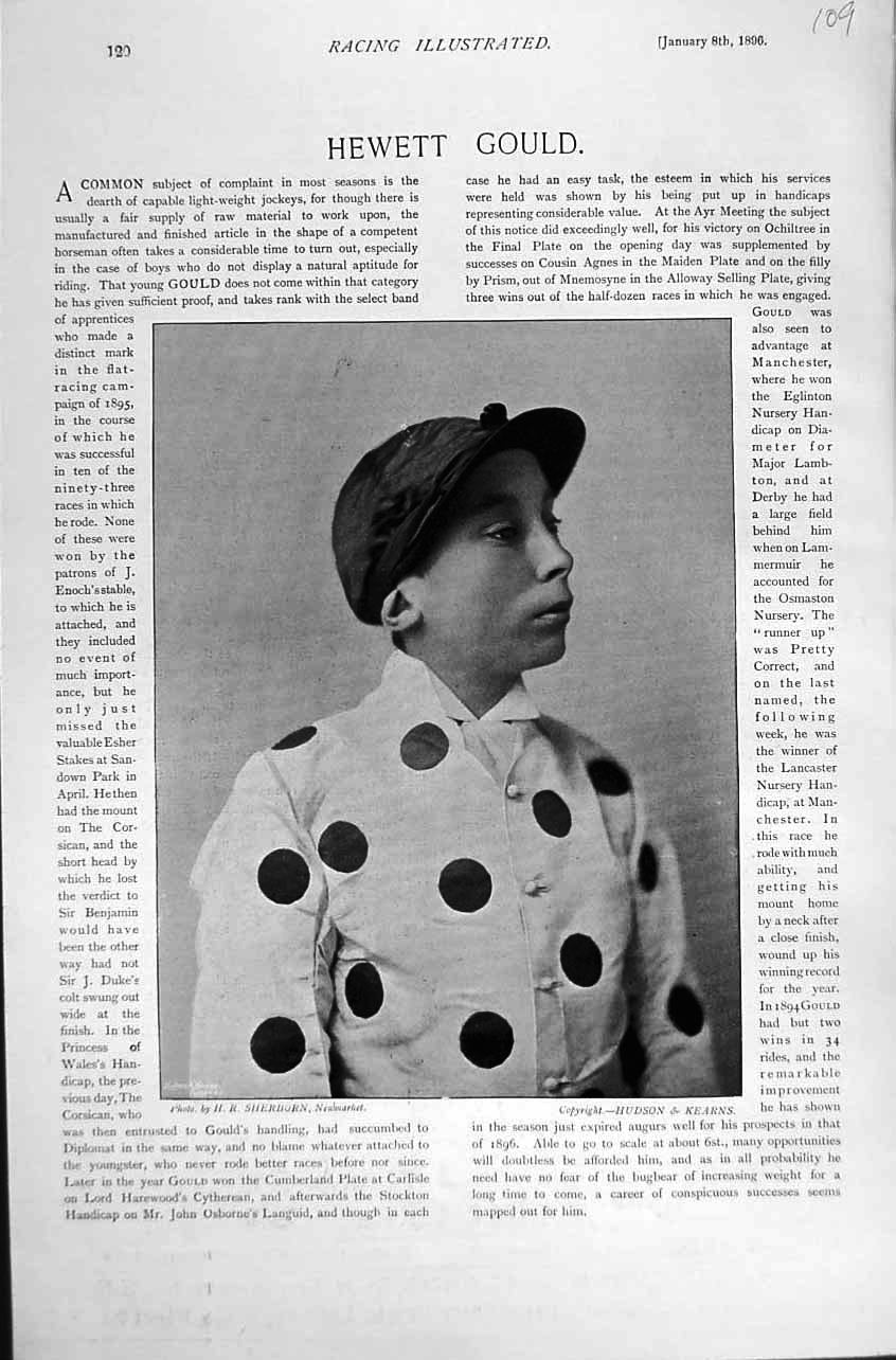 Original Old Antique Print Portrait Hewett Gould Jockey 1895 Horse Racing Sport
