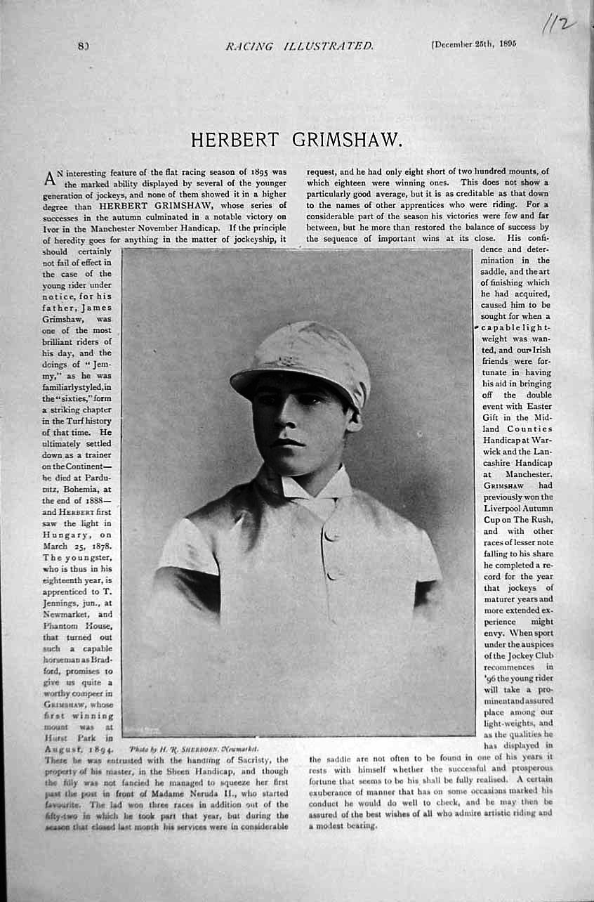 Original Old Antique Print 1895 Horse Racing Sport Portrait Herbert Grimshaw