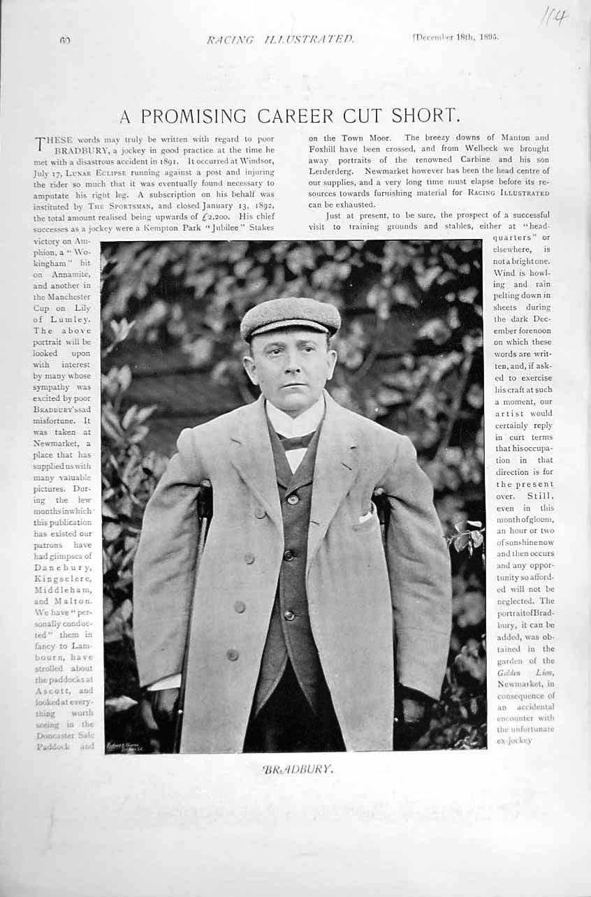 Original Old Antique Print 1895 Horse Racing Sport Portrait Bradbury Jockey