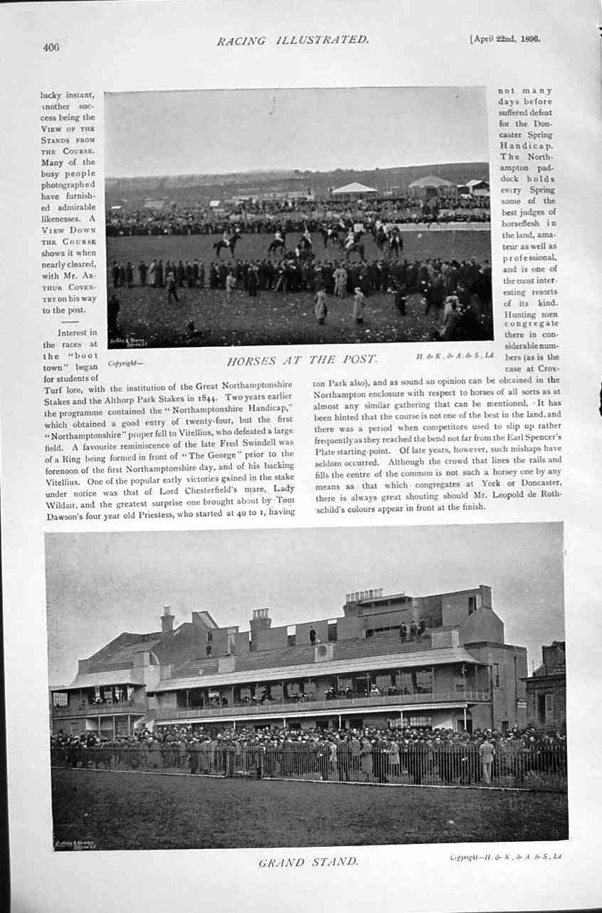 Original Old Antique Print 1896 Horse Racing Sport Down Course Coventry Stand