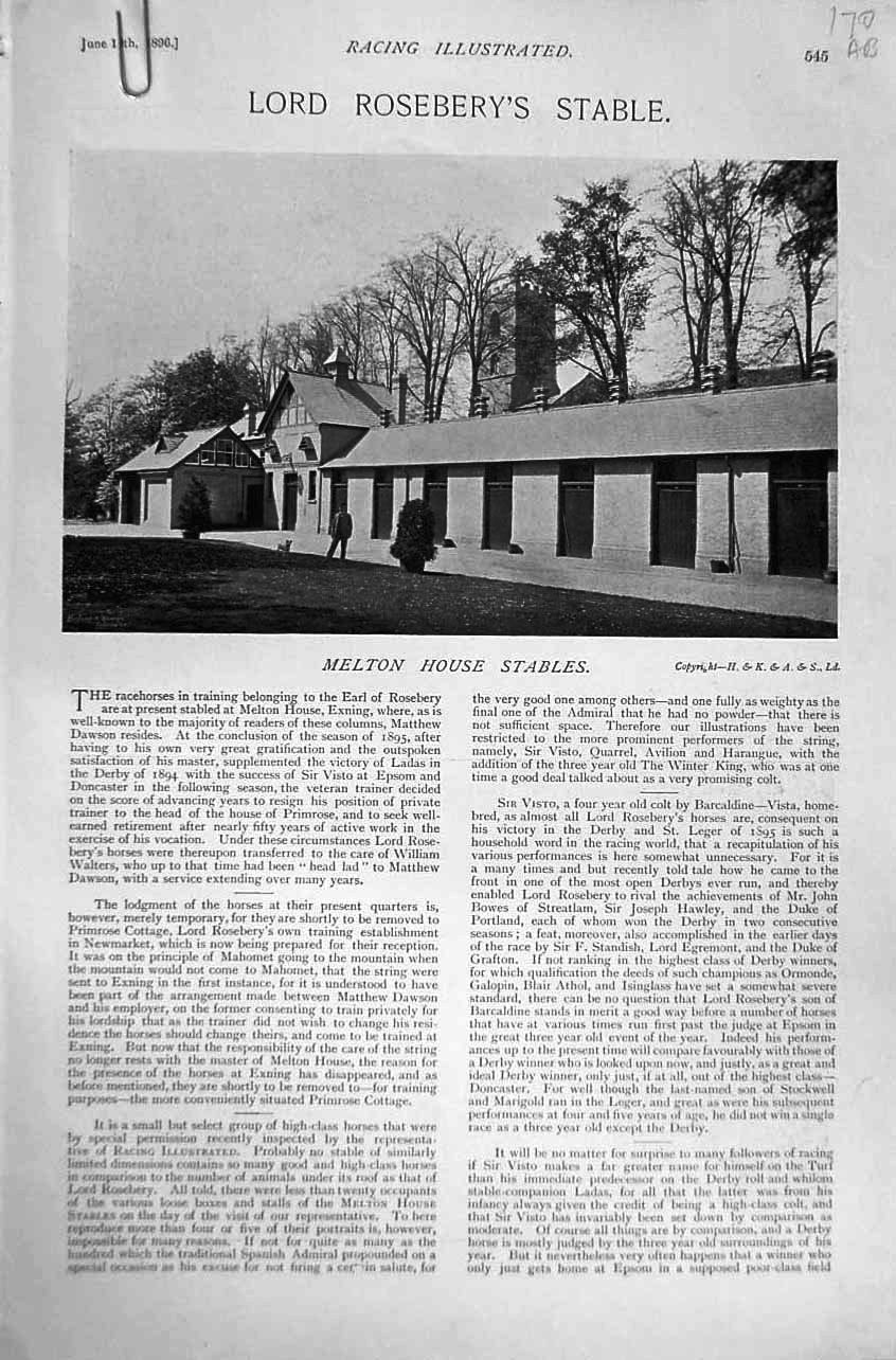 Antique Old Print 1896 Horse Racing Sport Melton Stables Harangue Avilion 19th