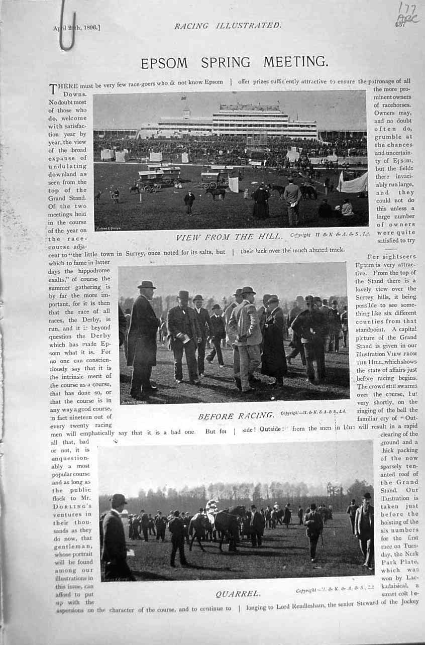 Original Old Antique Print 1896 Horse Racing Sport Epsom Quarrel Metropolitan