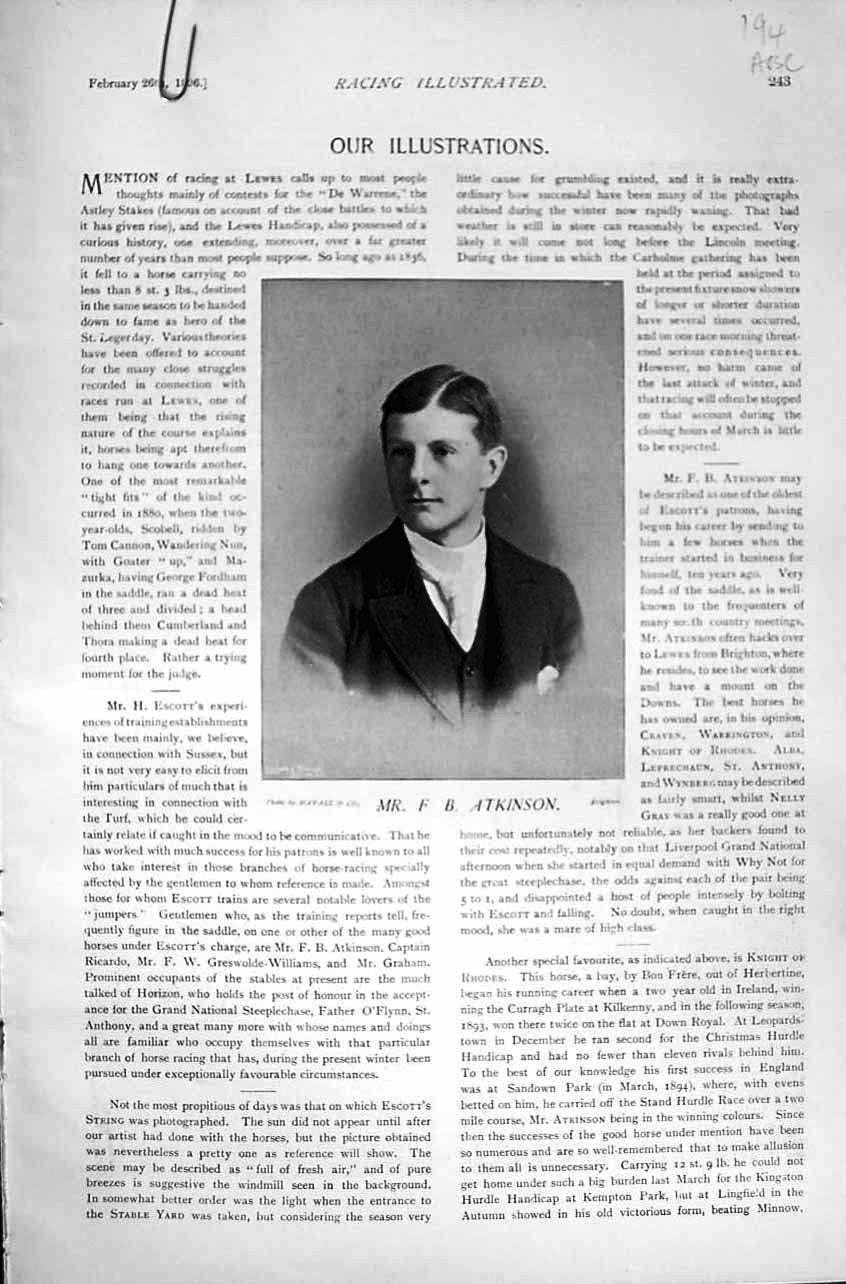 Old Antique Print 1896 Horse Racing Sport Atkinson Playwright Armstrong 19th