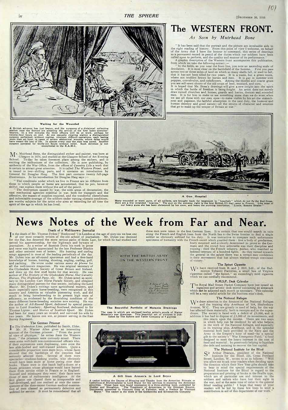 Original Old Antique Print 1916 War Gun Hospital Siers Casket Lord Bryce 20th