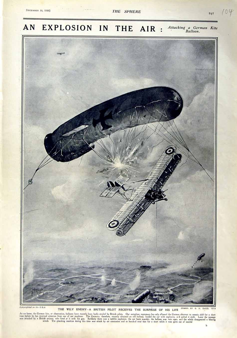 Old Antique Print 1916 British Pilot Zeppelin Aircraft German War British 20th