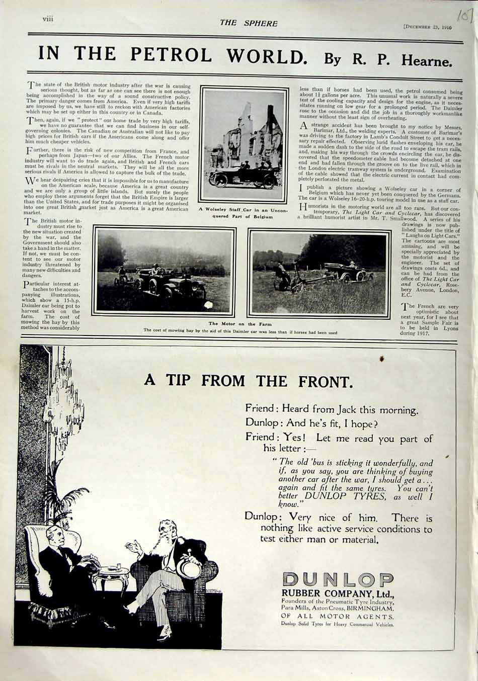 Original Old Antique Print 1916 Advertisment Dunlop Motor Yres Wolseley Daimler