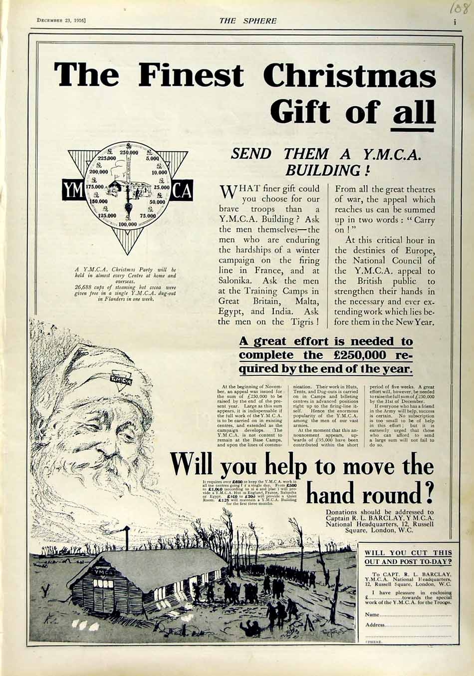 Original Old Antique Print 1916 Advertisment Y.M.C.A Donations Christmas Sphere