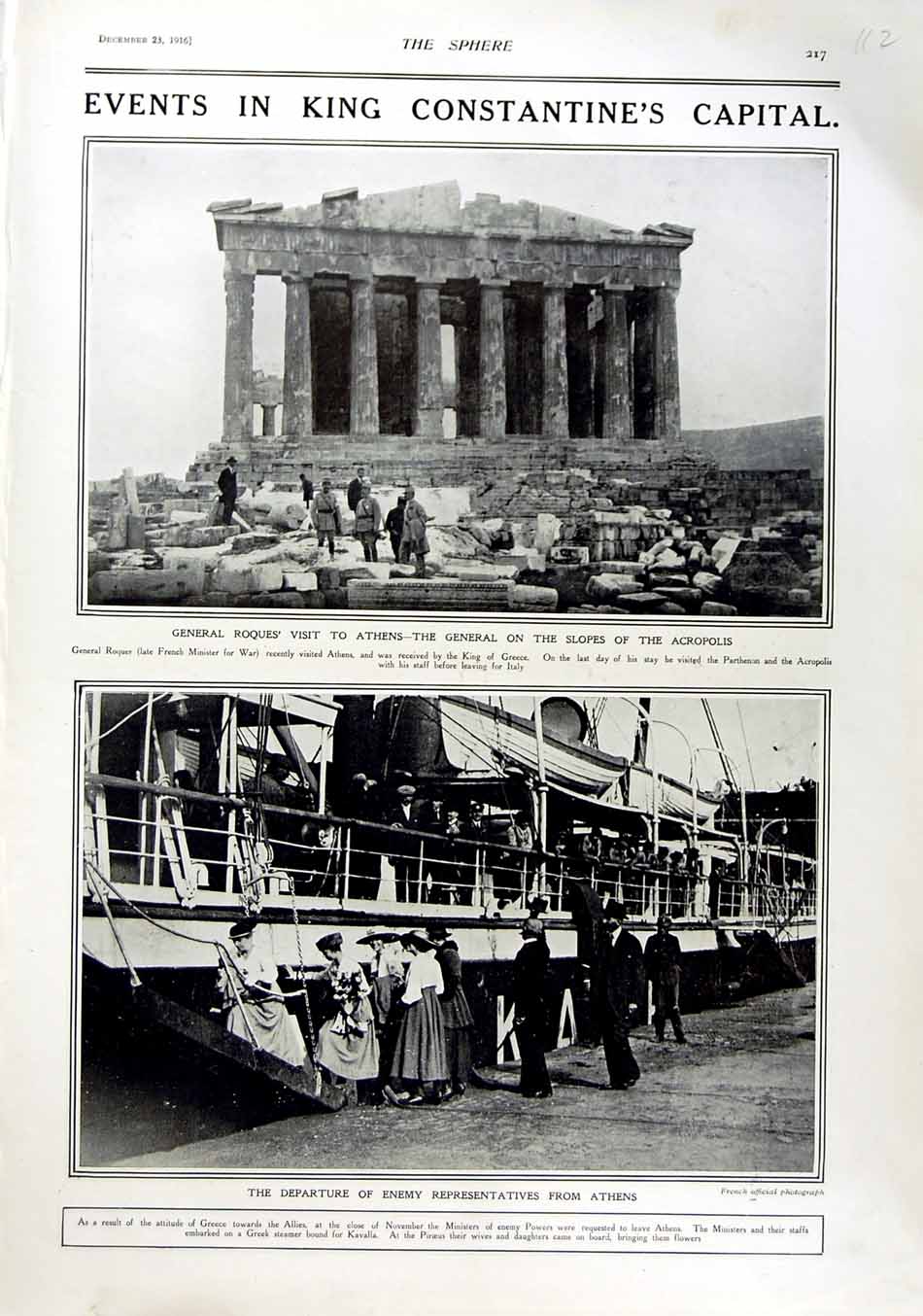 Old Antique Print 1916 General Roques Athens Acropolis Greek Steamer War 20th