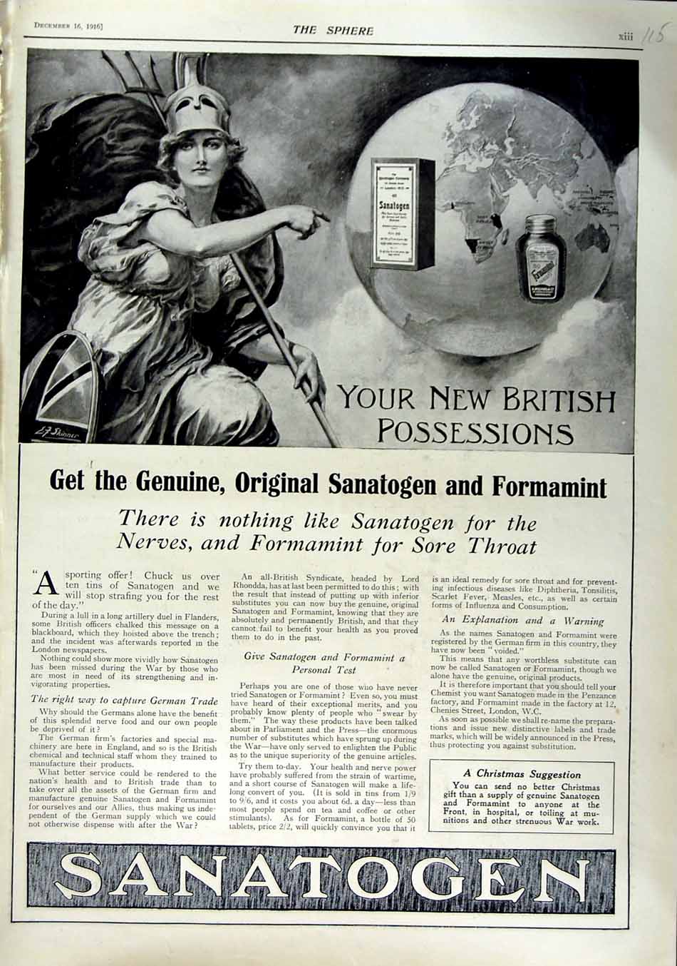 Original Old Antique Print 1916 Advertisement Sanatogen Vitamins Christmas 20th