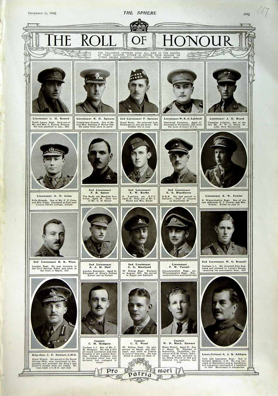 Original Old Antique Print 1916 Roll Honour Dead Siers War Spiney Spicer Wood