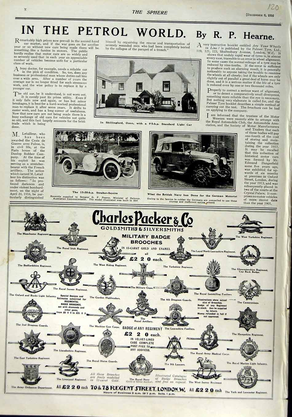 Original Old Antique Print 1916 Oxon Motor Car Packer Gsmith Silversmith 20th