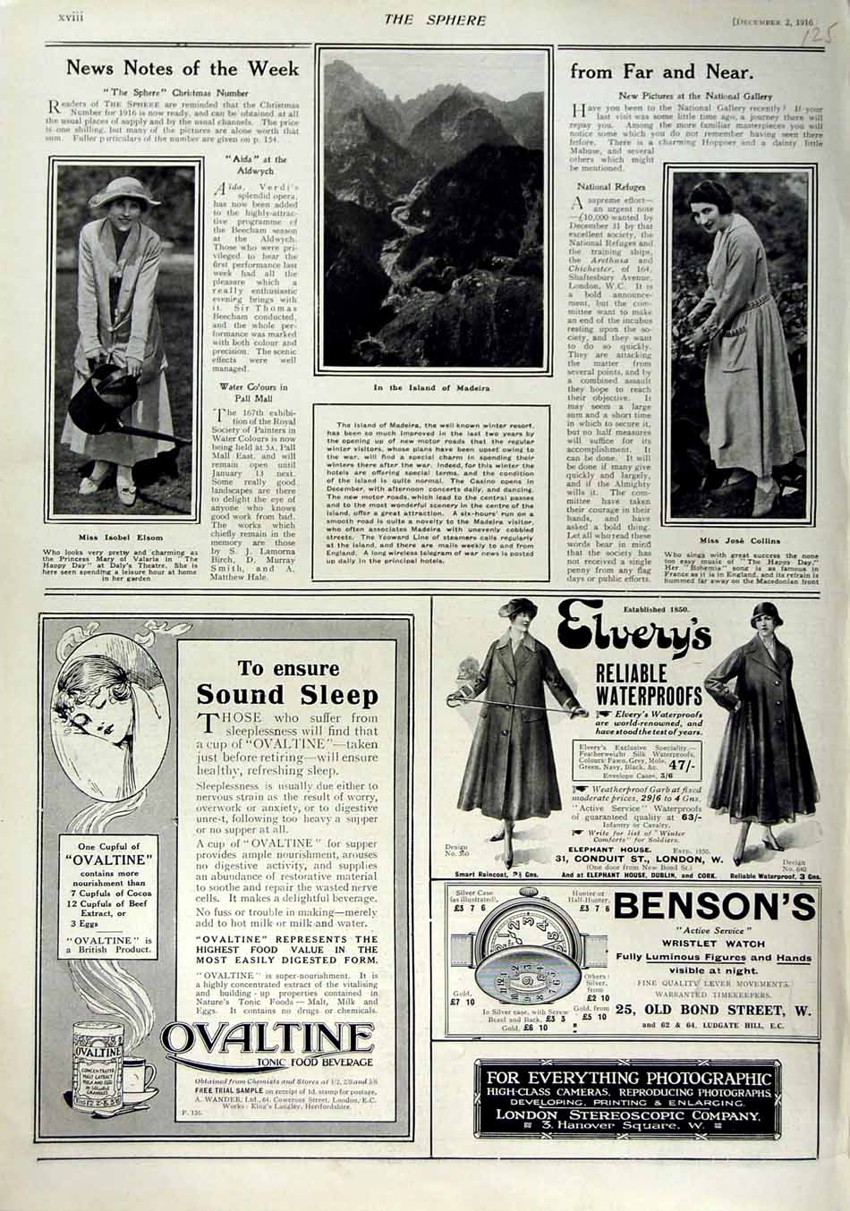 Old Antique Print 1916 Isobel Elsom Jose Collins Ovaltine Bensons Elvery 20th