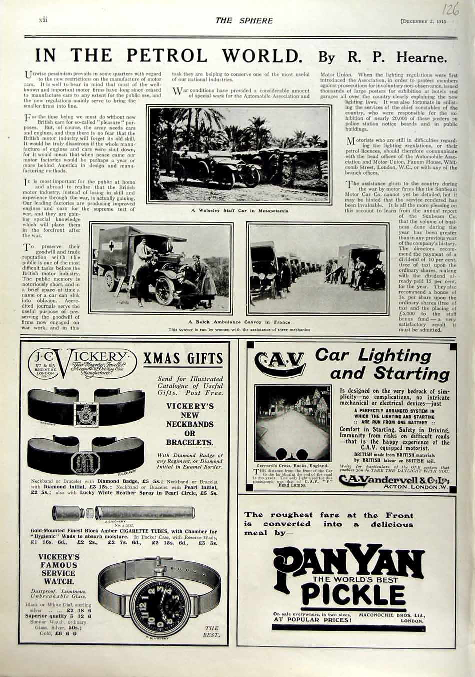 Old Antique Print 1916 Wolseley Car Mesopotamia Buick Ambulance Vickery 20th