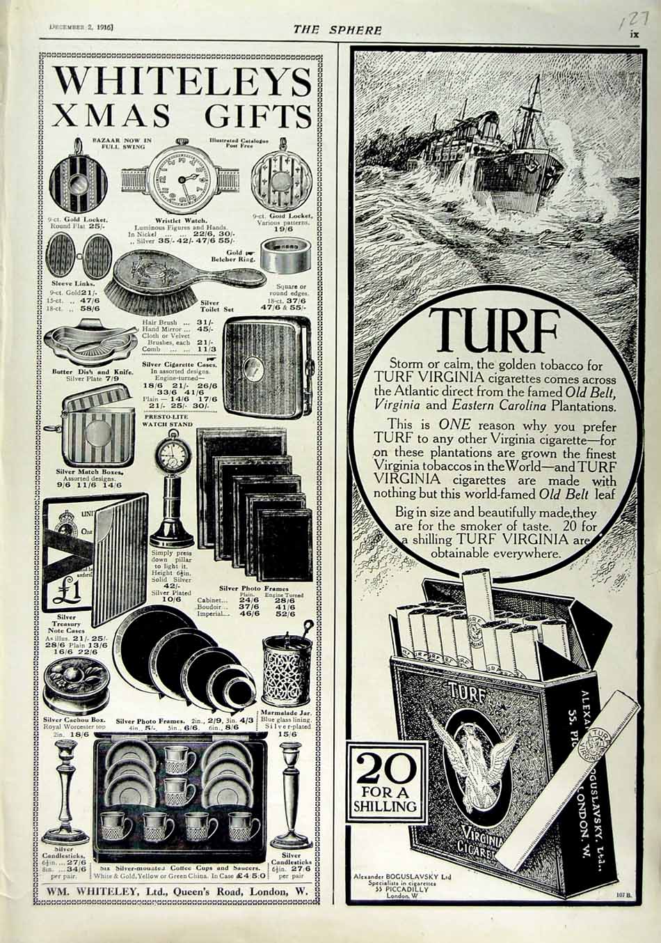 Original Old Antique Print 1916 Turf Virginia Cigarettes Whiteley Xmas Gifts