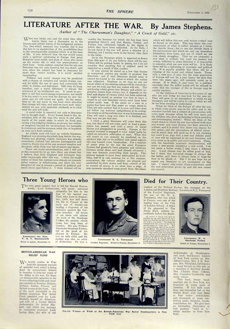 Original Old Antique Print 1916 Lieutenant Townsend Forbes British Women War