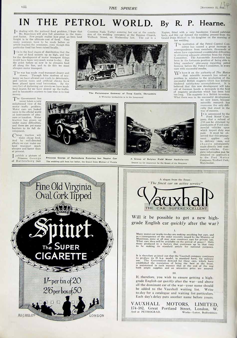 Original Old Antique Print 1916 Wolseley Motor Car Tong Castle Napier Cigarette