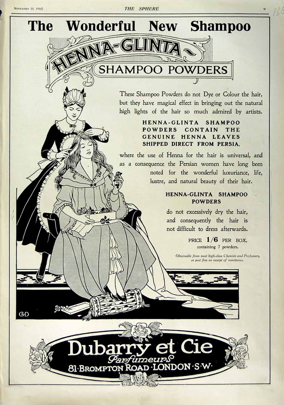 Old Antique Print 1916 Advertisment Dubarry Henna-Glinta Shampoo Powders 20th