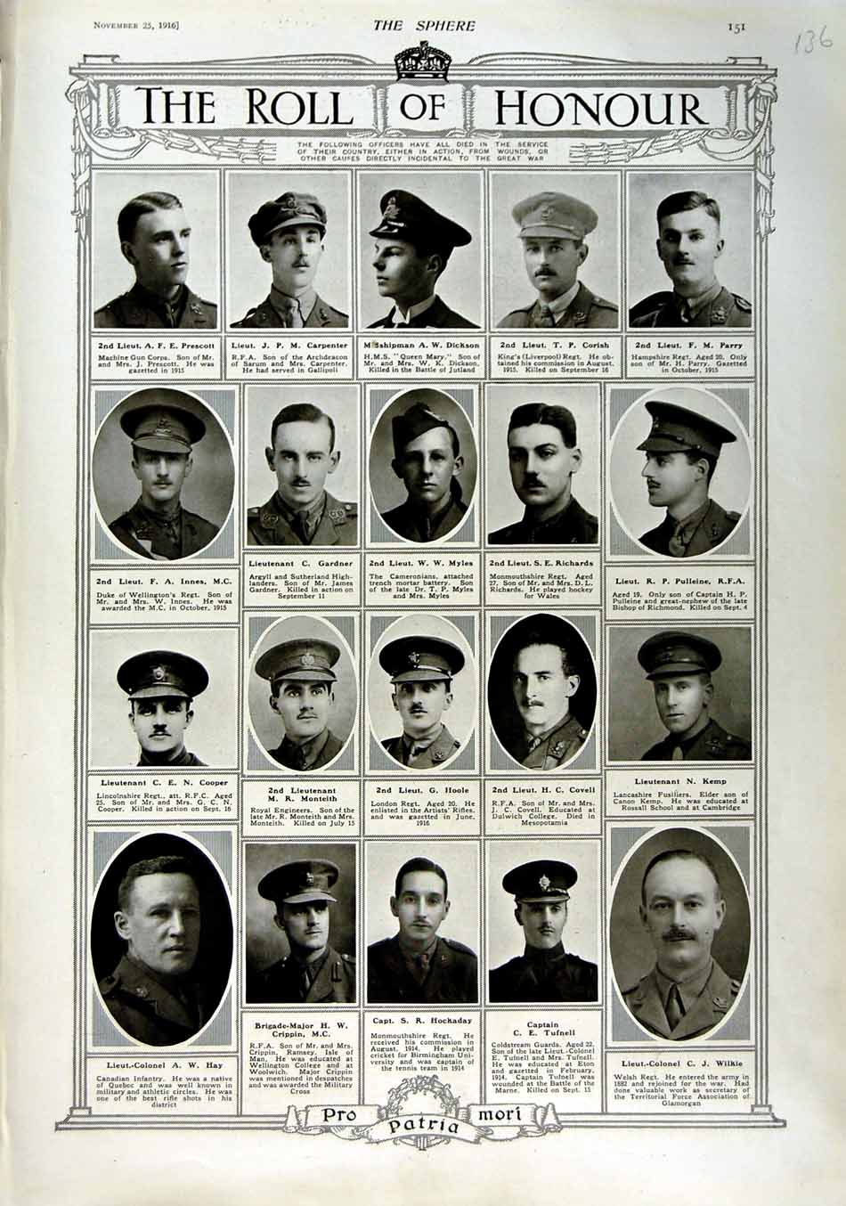 Original Old Antique Print 1916 Roll Honour Dead Siers War Myles Dickson Innes