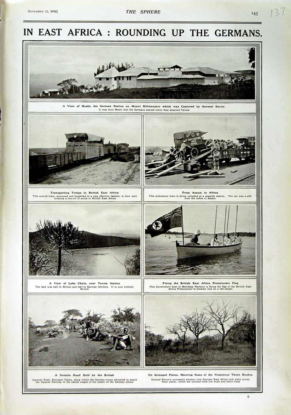 Original Old Antique Print 1916 Africa Moshi Mount Kilimanjaro Train War Chala