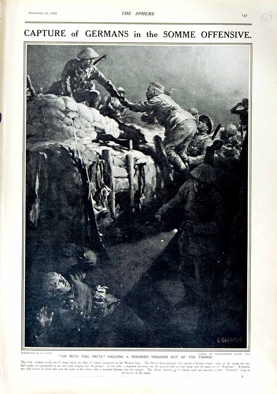 Original Old Antique Print 1916 German Prisoners War British Siers Trench 20th