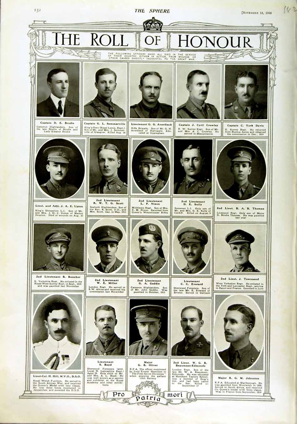Original Old Antique Print 1916 Roll Honour Dead Siers War Oliver Sommerville
