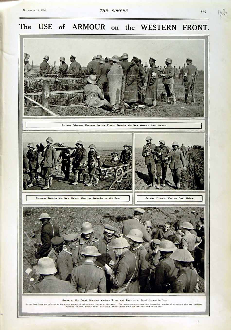Original Old Antique Print 1916 German Prisoners German Steel Helmet War Siers