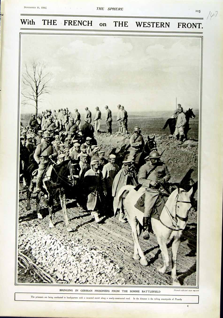 Original Old Antique Print 1916 German Prisoners Somme Battlefield War France