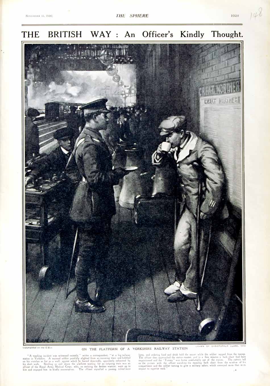 Original Old Antique Print 1916 Yorkshire Railway Station British Siers War