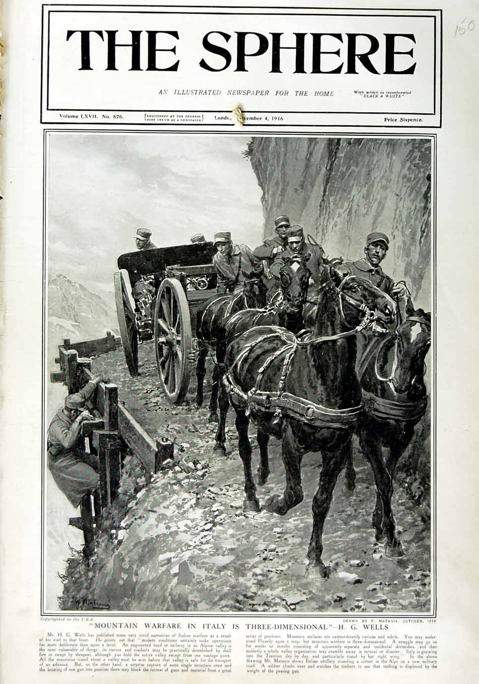 Original Old Antique Print 1916 Mountain Warfare Italy Siers Horses War 20th