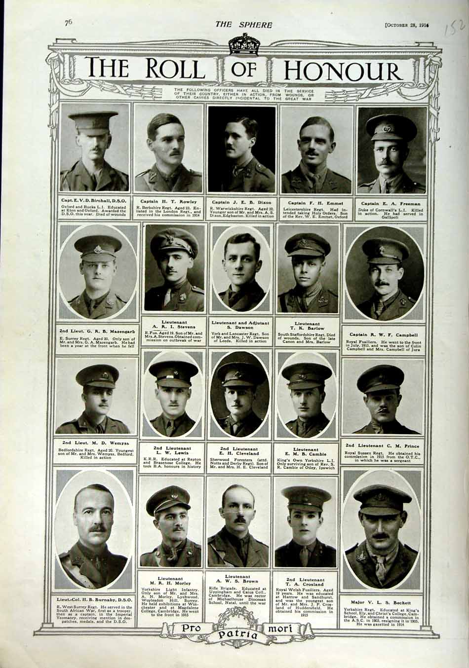 Original Old Antique Print 1916 Roll Honour Dead Siers War Dixon Rowley Brown