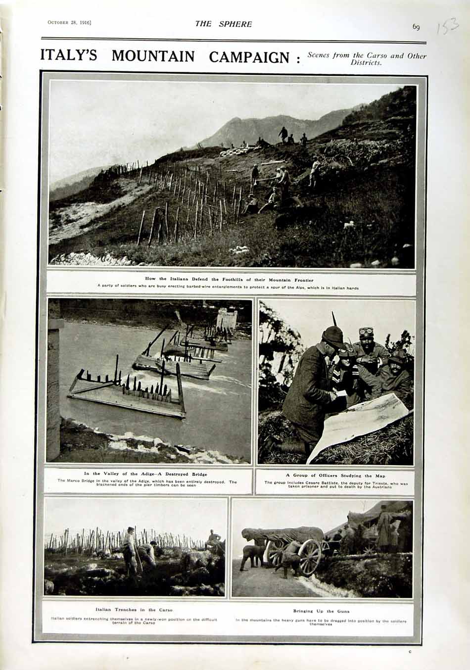 Original Old Antique Print 1916 Italy Mountains Siers Adige Bridge Carso War