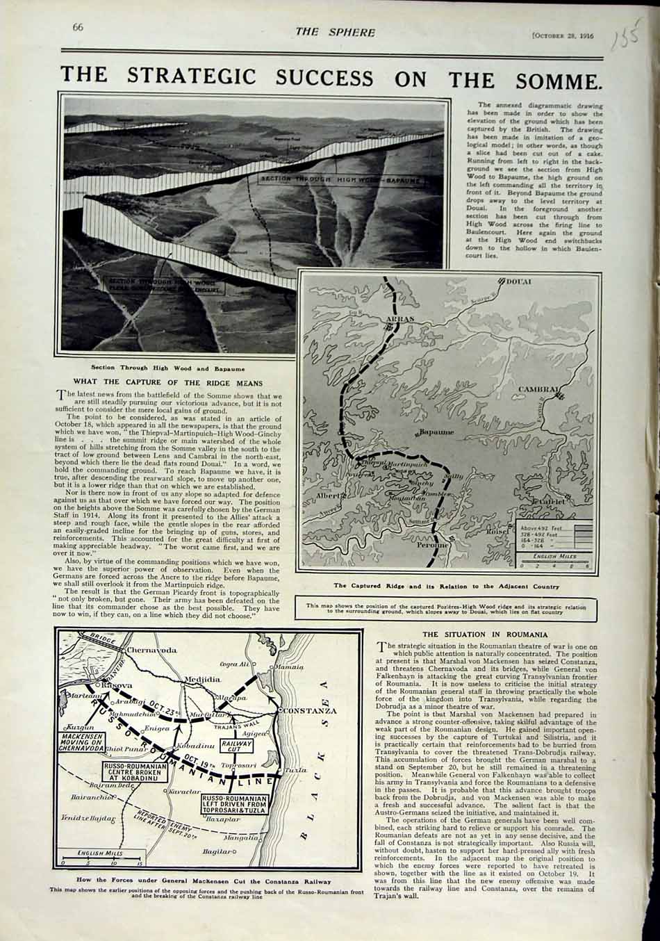 Old Antique Print 1916 Bapaume Pozieres-High Wood Map War Somme Railway 20th