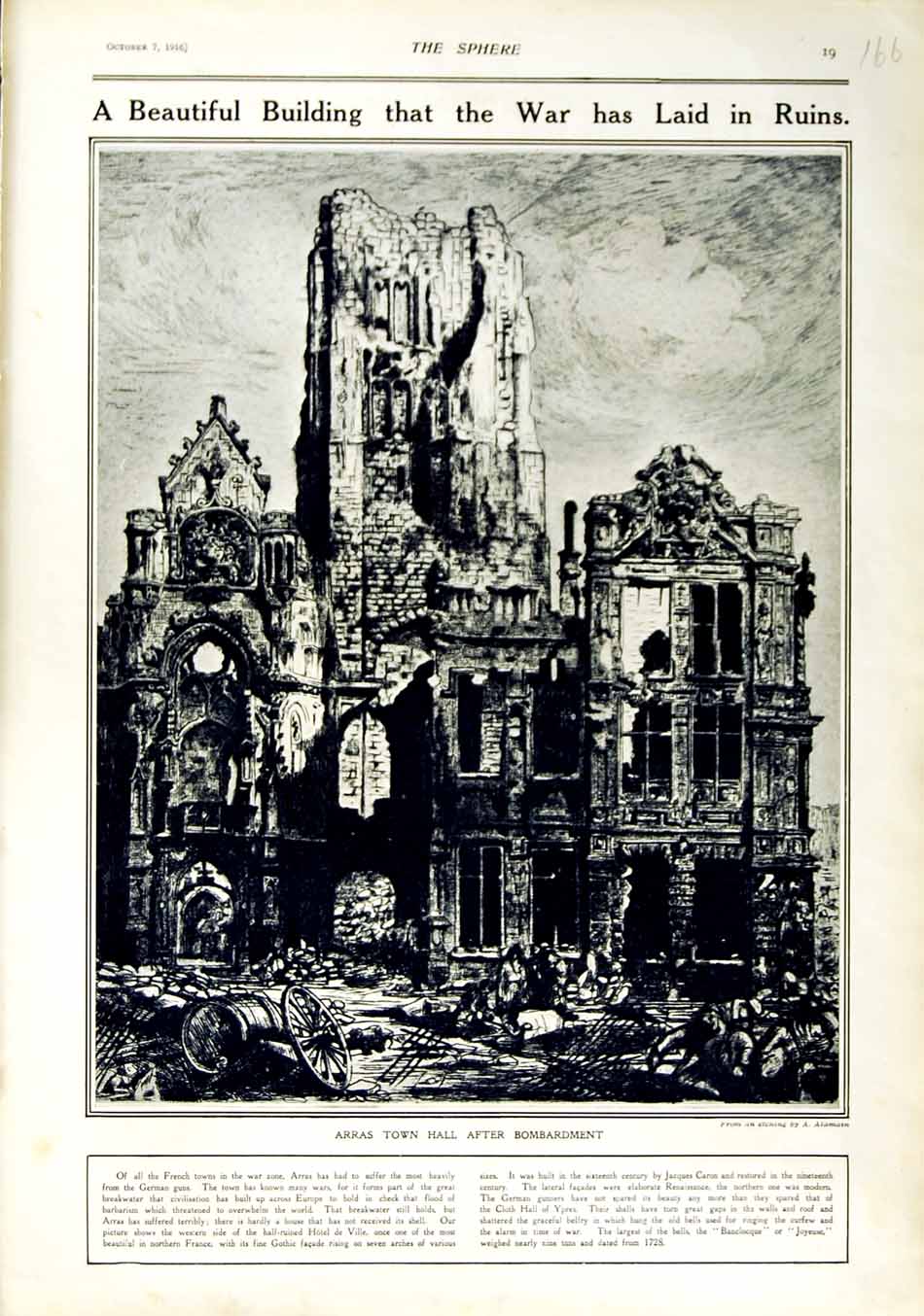 Original Old Antique Print 1916 Arras Town Hall Bombardment War France Ruins