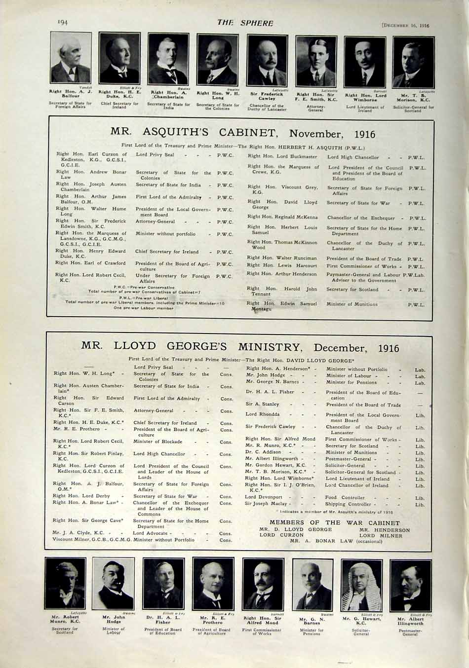 Old Antique Print 1916 Ryder V.C George Robertson Siers Asquith Fisher 20th